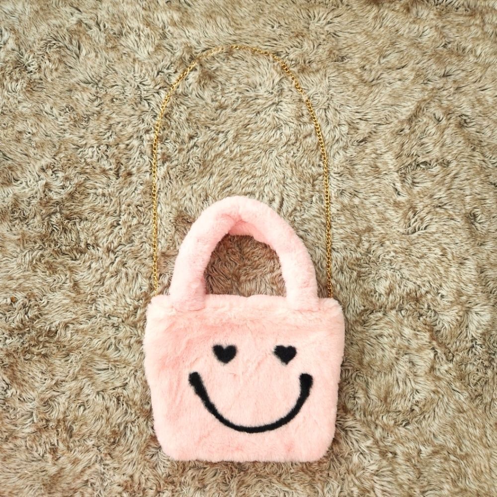 ASOS Design Mini Tote Bag in Faux Fur Happy Face Print Pink NWOT